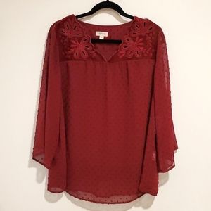 Style & Co. Maroon burgundy eyelet 3/4 sleeve eyelet lined 1X Flowy Boho